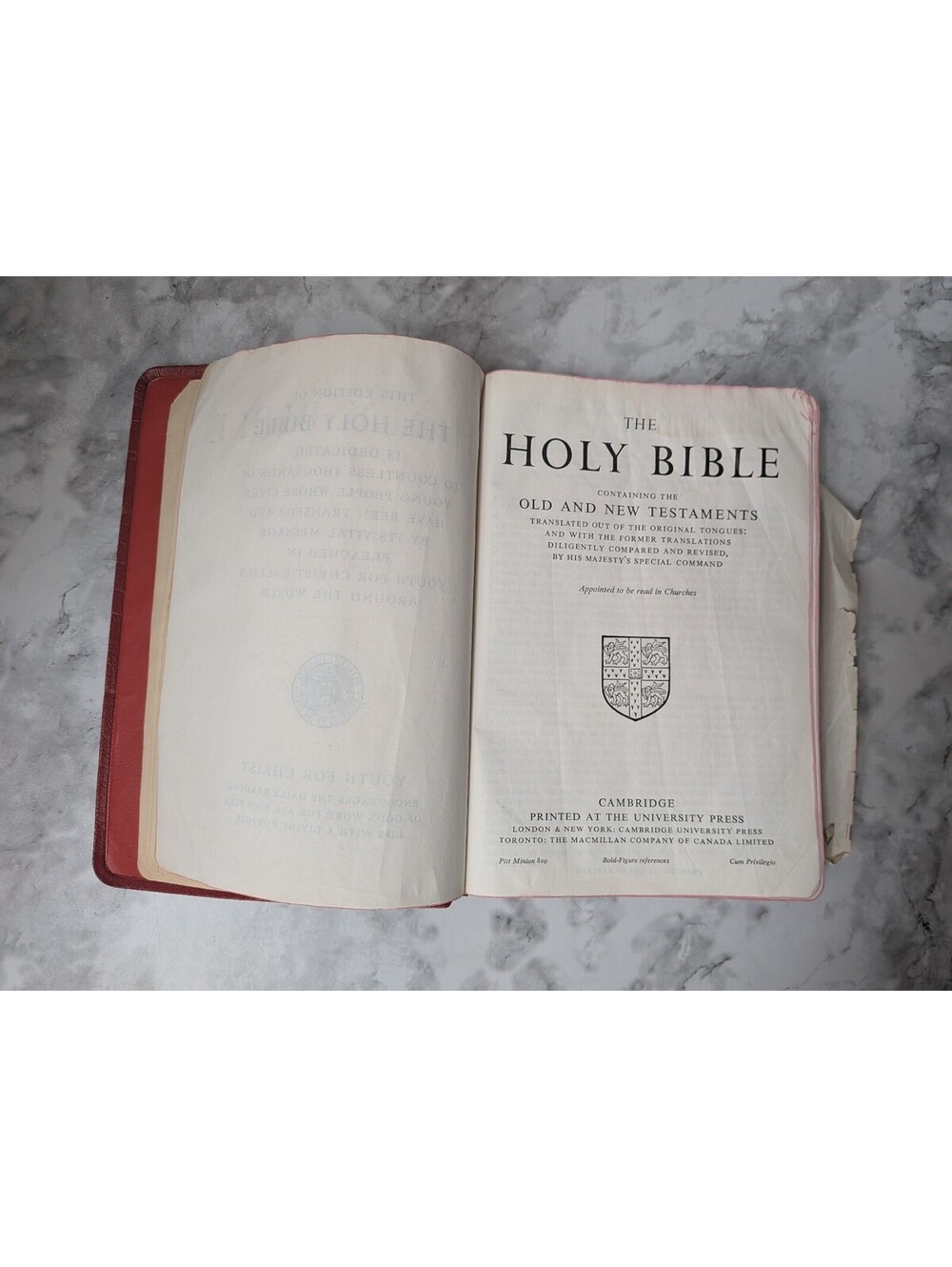 The Holy Bible, Cambridge, Youth for Christ, Red Moroccan Leather Note Wear/Tear